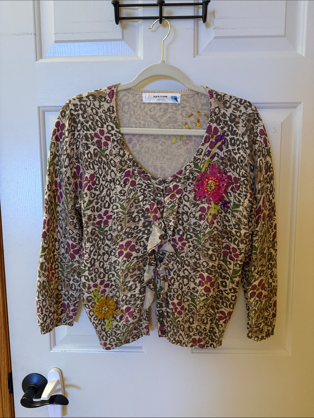 Anthropologie Sparrow Leopard Cardigan with Pink, Green & Yellow Floral Embroide